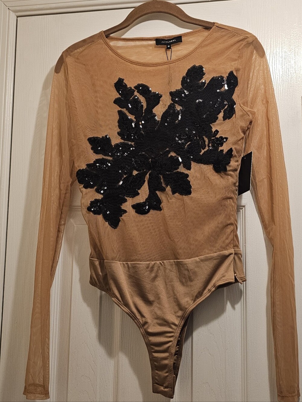 JLUXLABEL Camel Mesh Bodysuit with Black Sequin Applique